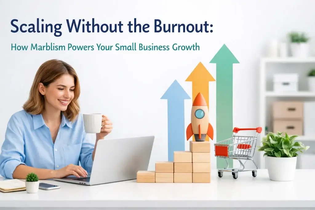 Woman working on a laptop with growth arrows, rocket, and blocks representing scaling a small business without burnout using Marblism.