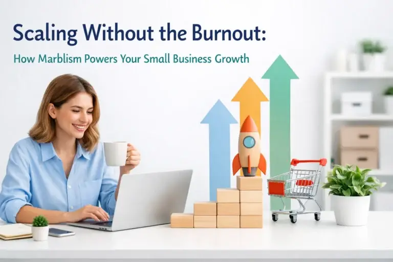 Woman working on a laptop with growth arrows, rocket, and blocks representing scaling a small business without burnout using Marblism.