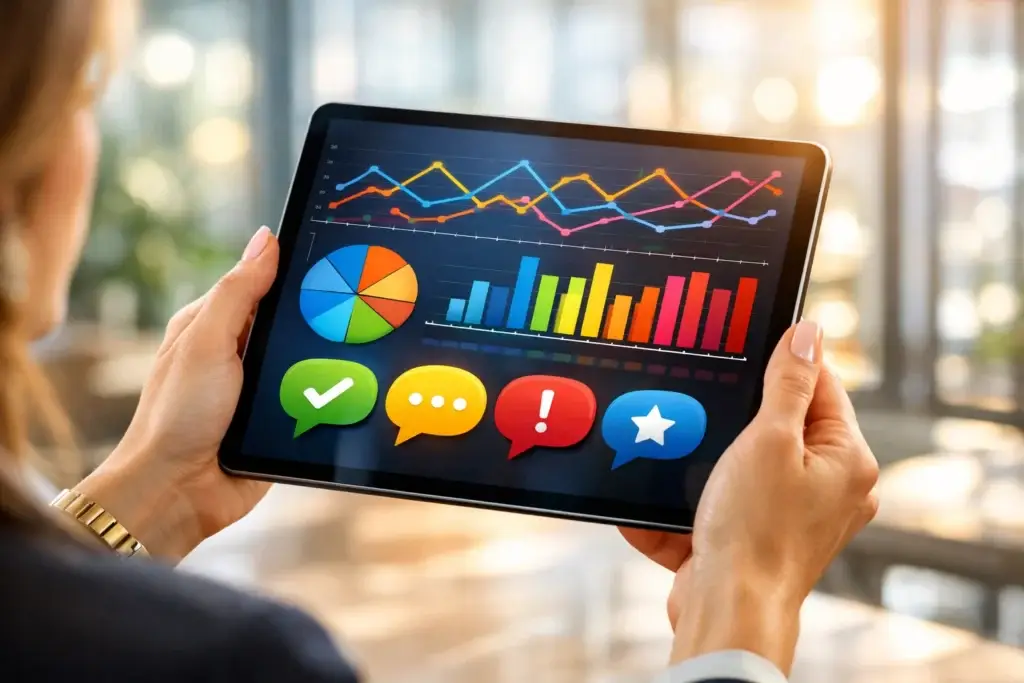 Person holding a tablet showing colorful charts, graphs, and feedback icons representing small business brand analytics and audience engagement