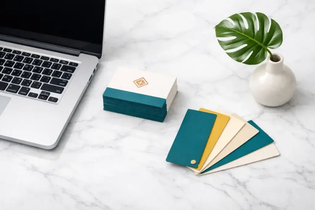 Brand color palette cards and stacked business cards next to a laptop and a vase on a marble desk, representing small business branding and visual identity