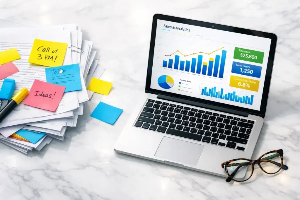 Laptop with sales and analytics dashboard on screen next to stack of papers, sticky notes, and glasses on a marble desk