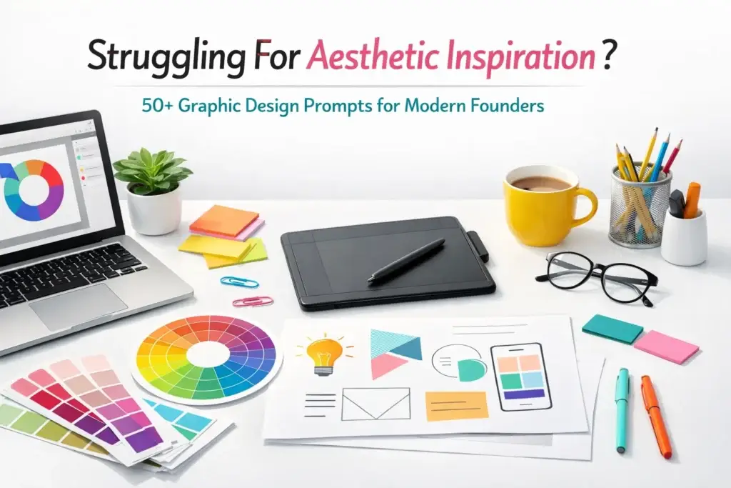 Laptop, color swatches, tablet, and stationery on a bright desk with text “Struggling for Aesthetic Inspiration? 50+ Graphic Design Prompts for Modern Founders”