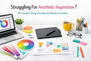 Laptop, color swatches, tablet, and stationery on a bright desk with text “Struggling for Aesthetic Inspiration? 50+ Graphic Design Prompts for Modern Founders”