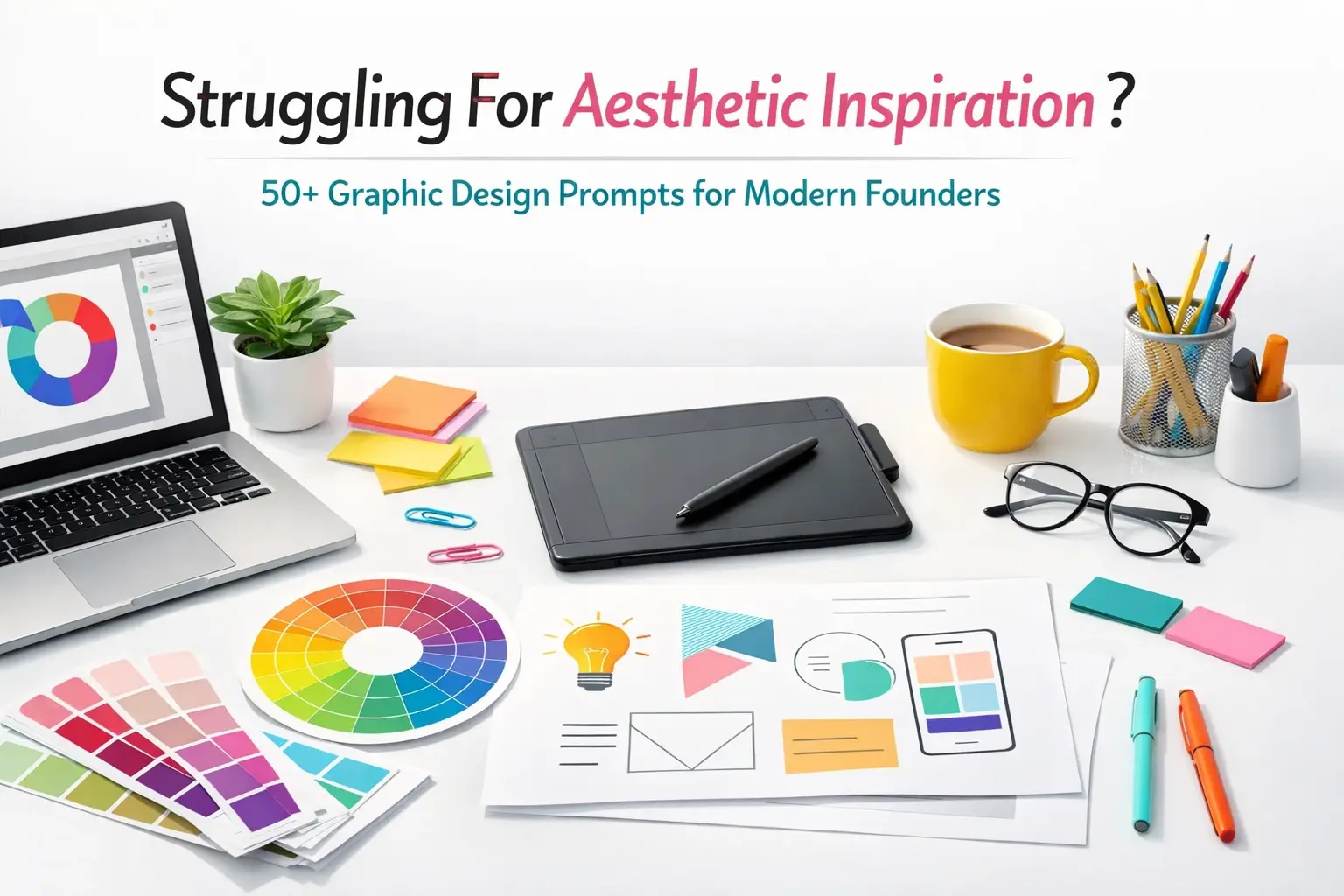 Laptop, color swatches, tablet, and stationery on a bright desk with text “Struggling for Aesthetic Inspiration? 50+ Graphic Design Prompts for Modern Founders”