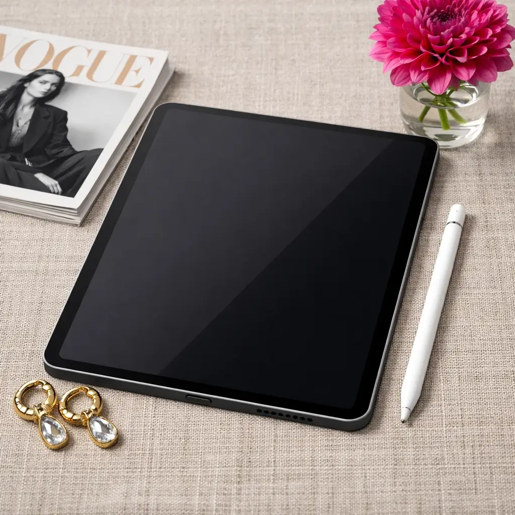 iPad and stylus on neutral desk with fashion magazine, pink flower, and gold earrings in a feminine creative workspace