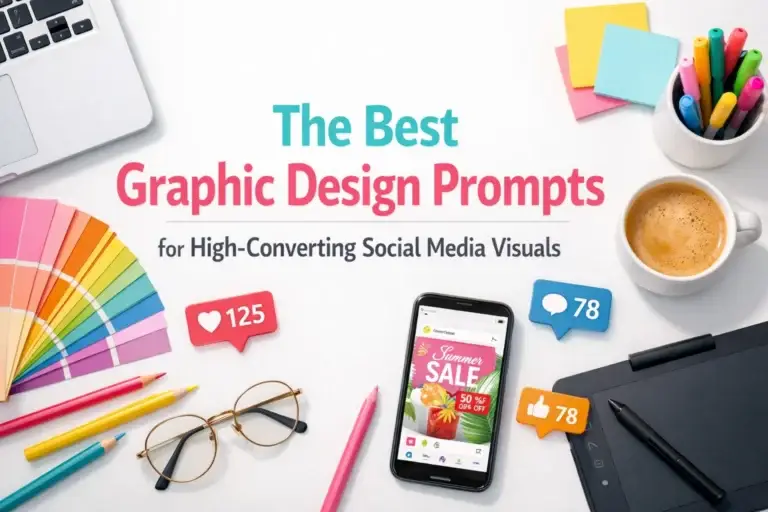 Flat lay of colorful design tools and smartphone with social media ad titled The Best Graphic Design Prompts for High-Converting Social Media Visuals