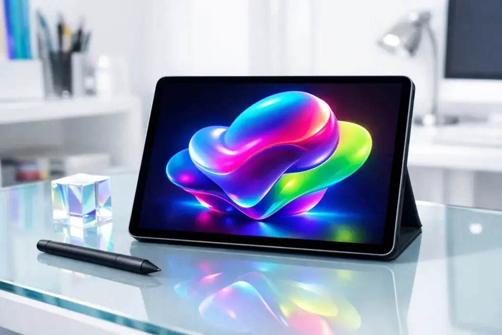 Digital tablet on a glass desk displaying a colorful 3D abstract shape in neon gradients, with a stylus and prism cube in a modern studio