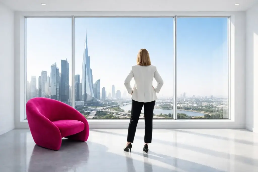 Businesswoman in a white blazer standing in a bright office, looking out floor-to-ceiling windows at a modern city skyline beside a bold pink chair.
