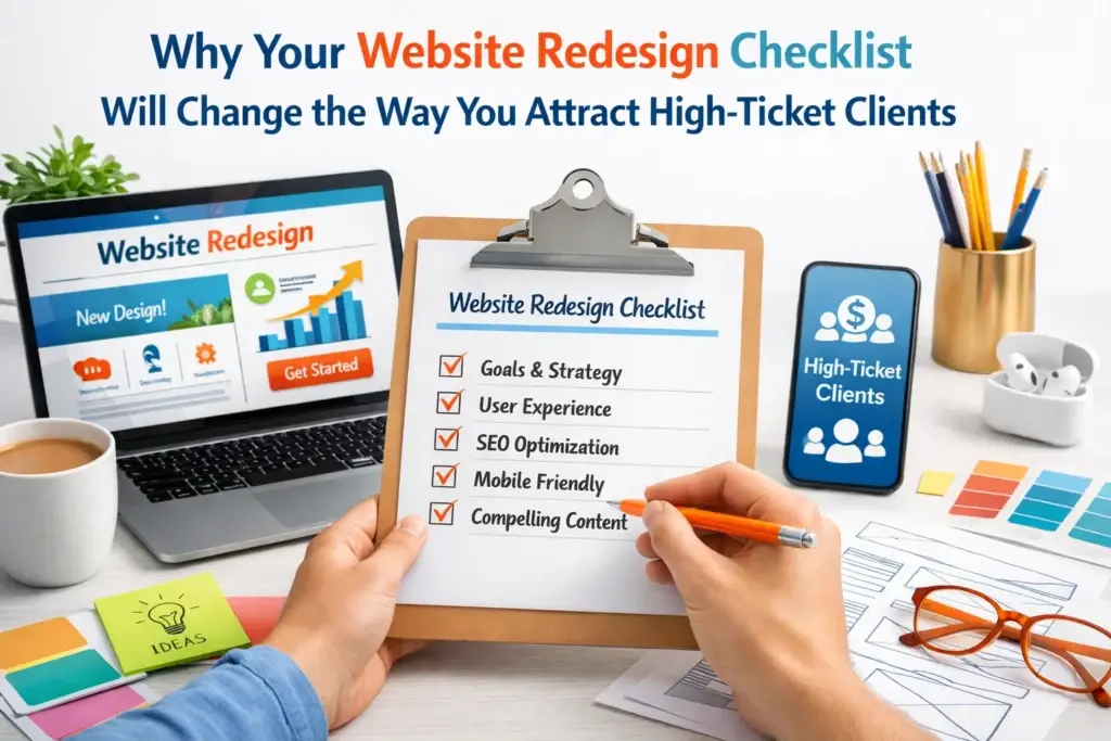 Website redesign checklist on a clipboard with goals, UX, SEO, mobile friendly, and compelling content next to a laptop and phone labeled high-ticket clients.