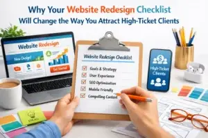 Website redesign checklist on a clipboard with goals, UX, SEO, mobile friendly, and compelling content next to a laptop and phone labeled high-ticket clients.