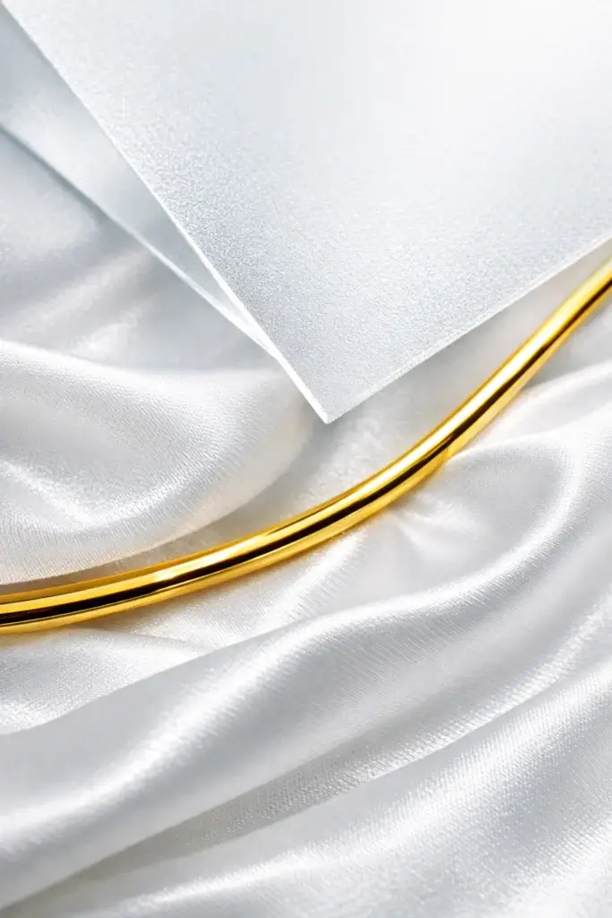 Close-up of white silk fabric with frosted glass sheets and a curved gold metal rod, creating a minimalist luxury background texture