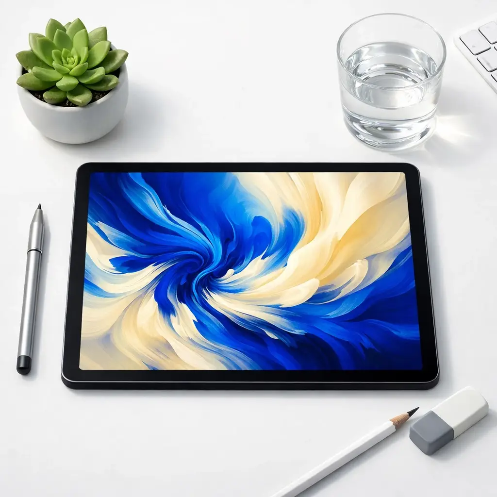 Digital tablet displaying abstract blue and cream artwork symbolizing creative graphic design prompts for social media visuals