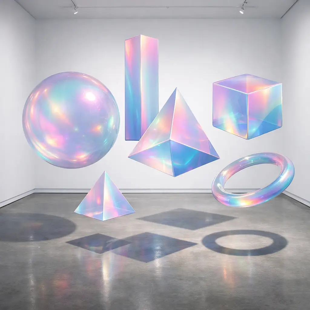 Holographic 3D geometric shapes illustrating creative graphic design prompts for social media visuals