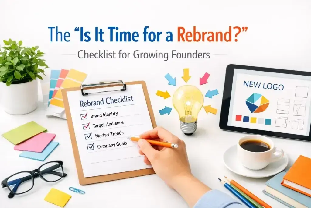 Business rebrand checklist with branding strategy materials, logo design concepts, and creative planning tools for entrepreneurs using AI.