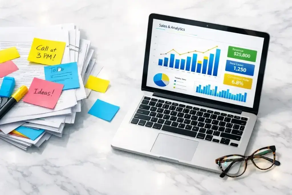 Laptop displaying AI-powered sales and analytics dashboard next to paperwork and sticky notes representing business automation and AI employees.