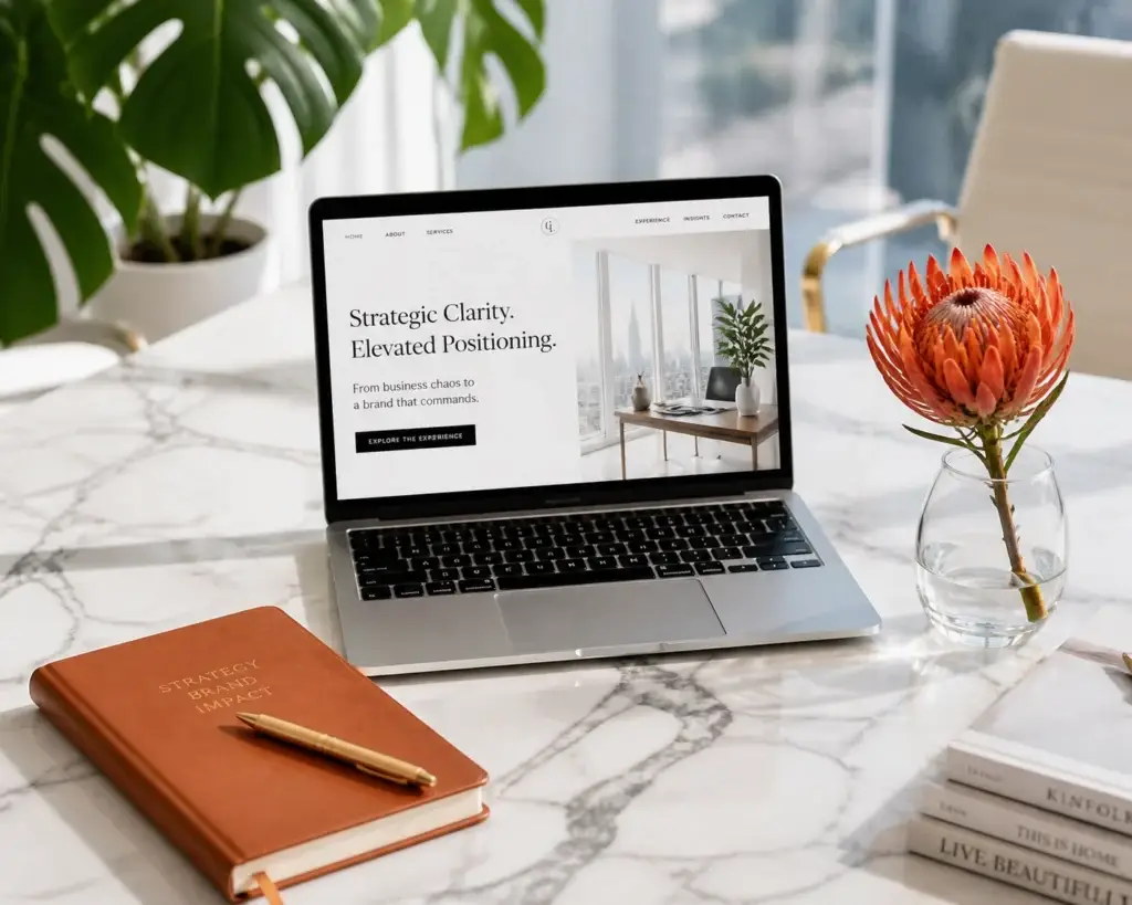 Laptop displaying coaching business website messaging with strategy notebook and modern workspace for brand messaging for coaching businesses