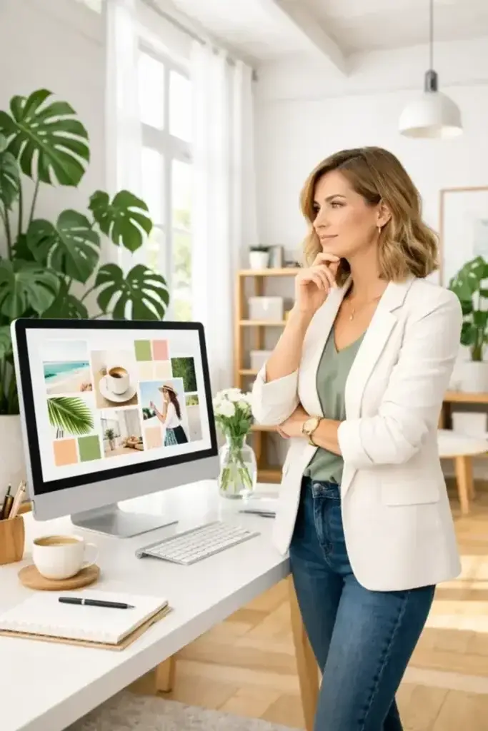 Female entrepreneur standing in a modern office using AI-powered business tools and digital brand planning software on desktop computer.