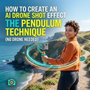 Comparison showing a single smartphone photo transformed into a cinematic AI drone shot effect using the pendulum technique on a coastal skyline.