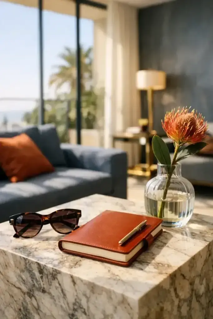 Luxury modern workspace with notebook, sunglasses, and flower vase representing AI-powered entrepreneurship and digital business automation with Marblism AI employees.