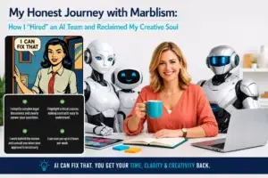 Entrepreneur working alongside AI robots and digital assistants while using Marblism AI employees for business automation and creative productivity.