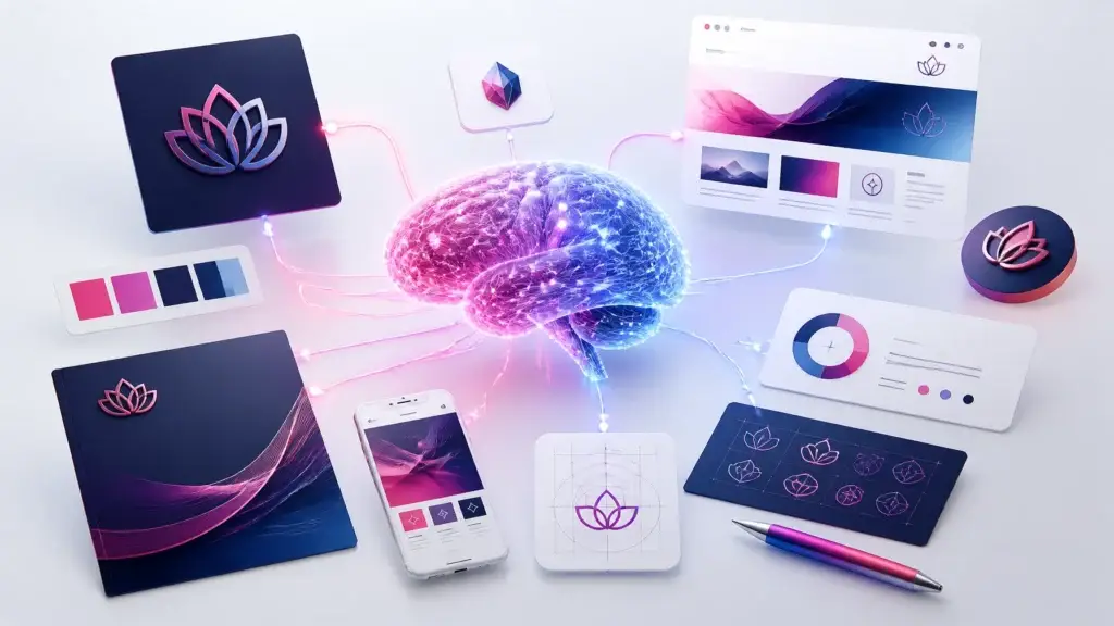 AI-powered brand strategy illustration showing a digital brain connected to logo design, website development, brand guidelines, and visual identity elements.