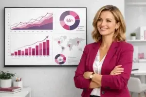 Female business owner reviewing growth analytics and marketing performance data, representing AI visibility strategies for small businesses.