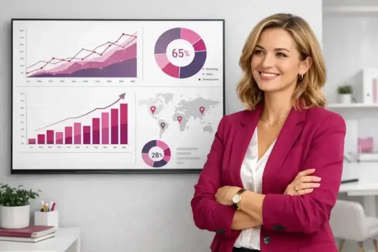 Female business owner reviewing growth analytics and marketing performance data, representing AI visibility strategies for small businesses.