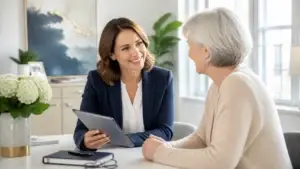 Senior care consultant meeting with an elderly client, demonstrating trust-based branding and client relationships for a female founder branding agency.