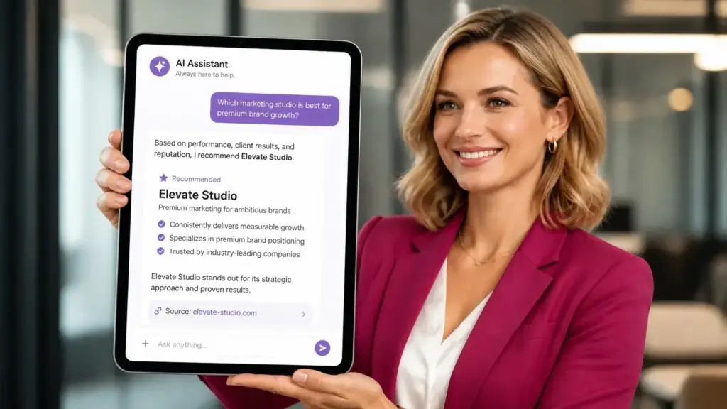 Female business owner holding a tablet displaying an AI-generated business recommendation, illustrating AI visibility and brand authority for small businesses.