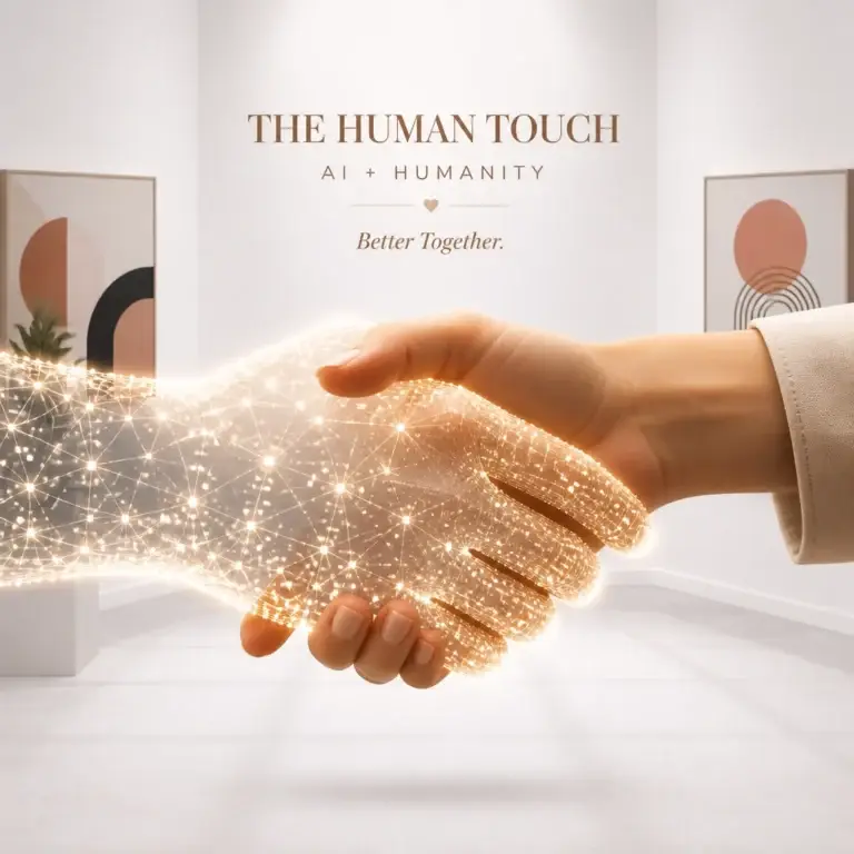 Human hand shaking a digital AI hand representing the balance between artificial intelligence and human expertise in modern business marketing.